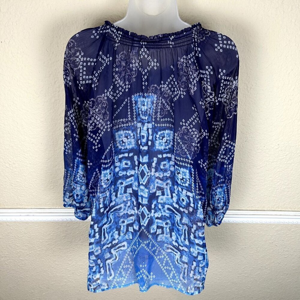 Chicos SZ 3 XL Blouse Top Shirt Popover Blue Sheer Artsy Printed Boho Whimsigoth - Picture 2 of 8